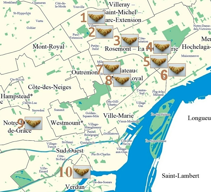 map 10 meilleures boulangeries de Montreal